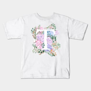 Cbotanical monogram alphabet T hydrangea flowers Kids T-Shirt